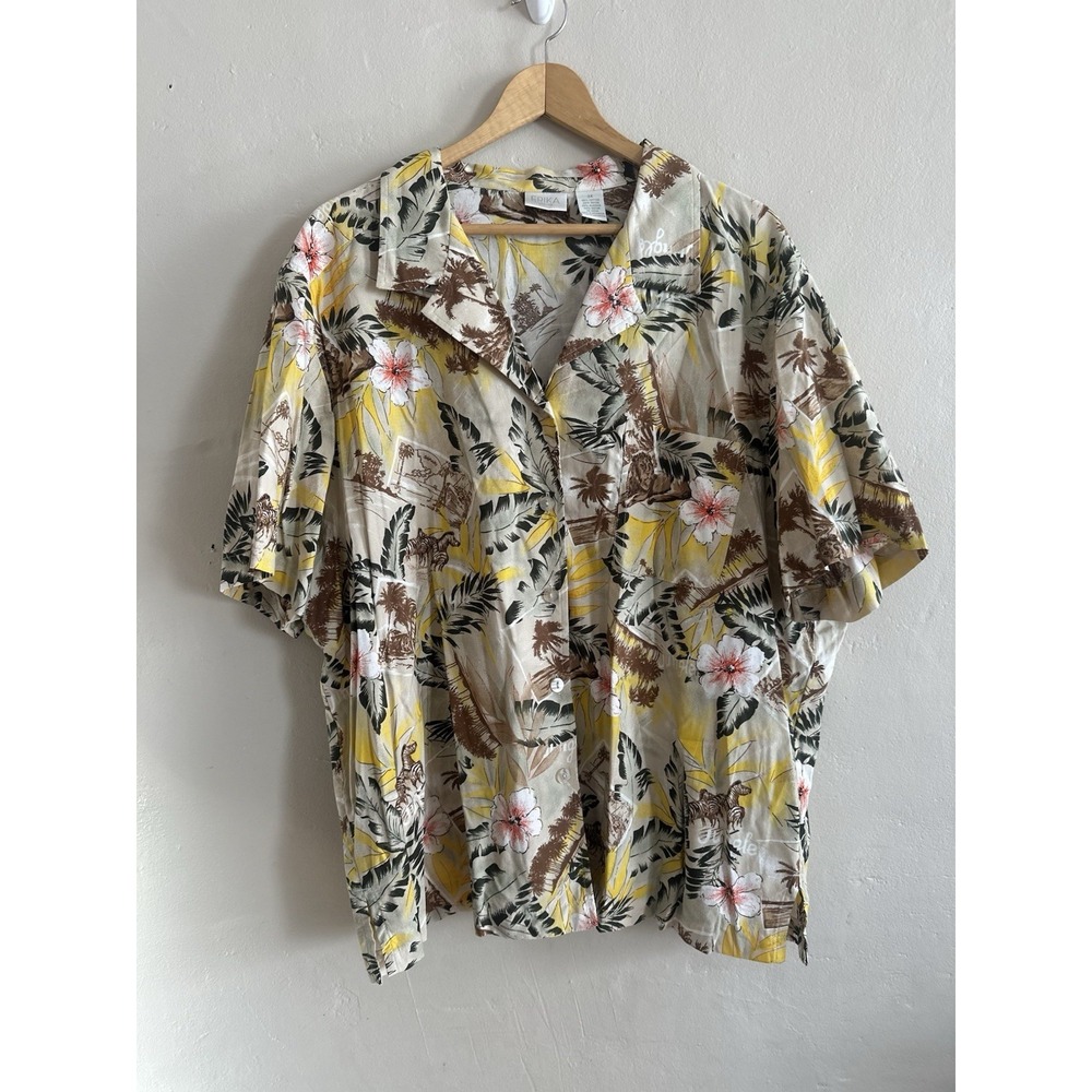 Erika Womens Tropical Button Up Shirt Size 3x Resort Vacation Safari Hibiscus